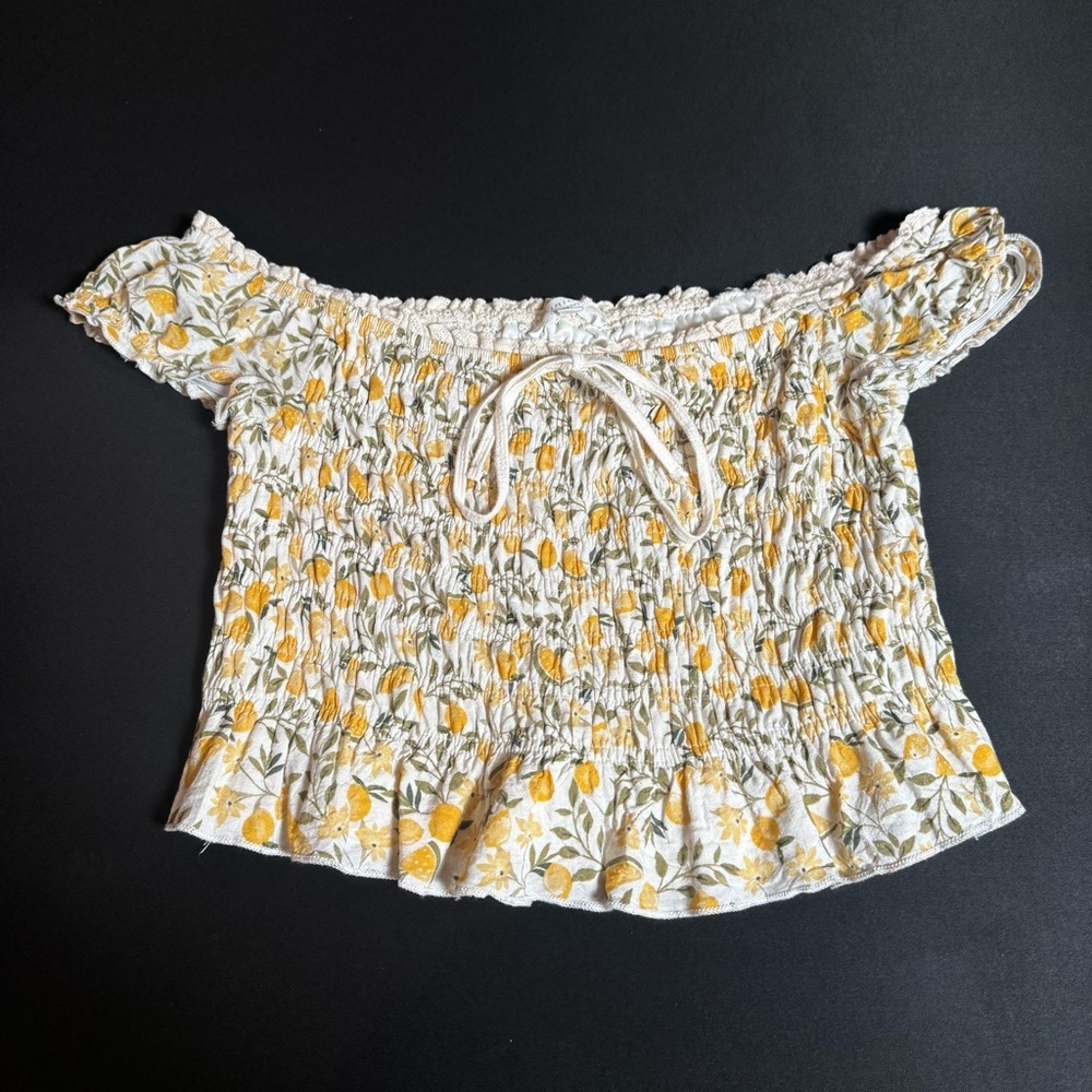 Smocked Off-Shoulder Floral Crop Top White Yellow Cottagecore